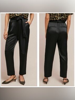 Anthropologie Ettitwa Black Satin Tie-Waist Tapered Pants Size 8